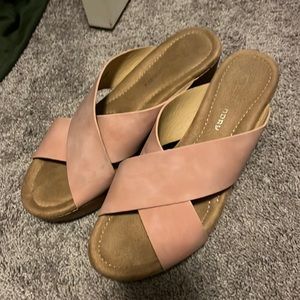 Wedge Heel Sandals with Pink Crossed Straps - Size 9